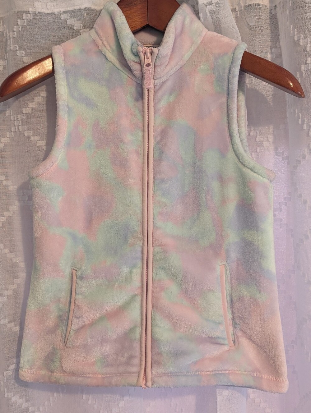 Lands End Pastel Tie-Dye Fuzzy Zip Front Vest